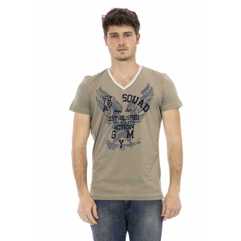 Trussardi Herren T-Shirt mit V-Ausschnitt und Frontprint in Grün, kurze Ärmel, ideal für Frühjahr/Sommer Modekollektion.