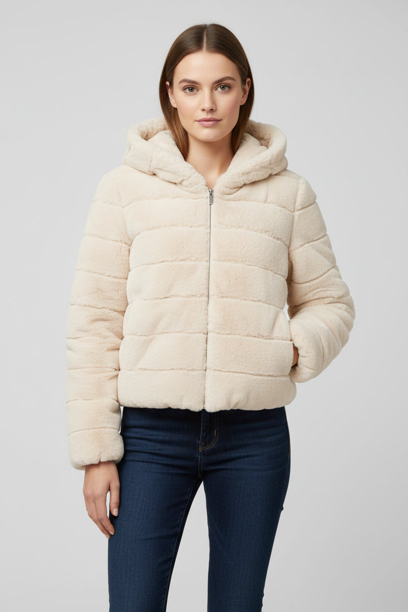 Baldinini Anorak - Damen Jacken mit Kapuze und Reißverschluss in Panna-Farbton. Weiches Kunstfell, ideal für Herbst/Winter Outfits.