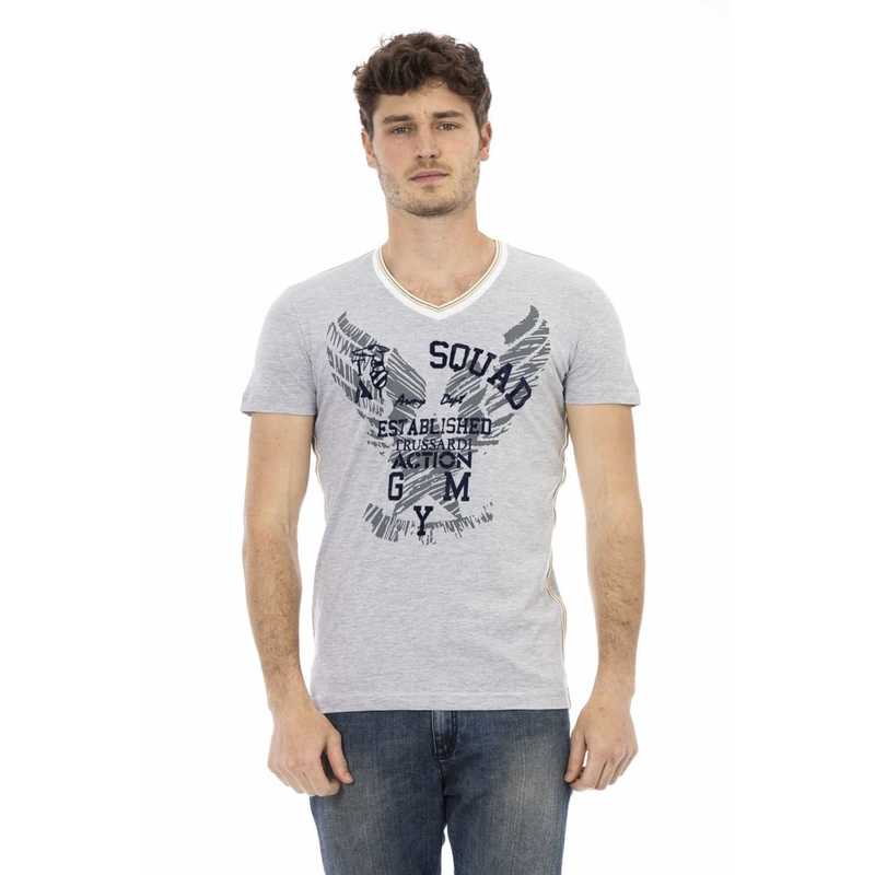 Trussardi T-Shirts - Herren V-Ausschnitt in Grau mit Logo-Print und Adler-Motiv, aus 90% Baumwolle, ideal für Sommermode.