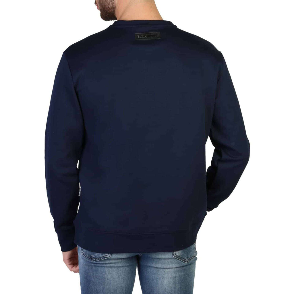 Rückansicht des navyfarbenen Herren Sweatshirts von Plein Sport mit schlichtem Design und geripptem Saum. Ideal für sportliche Outfits.