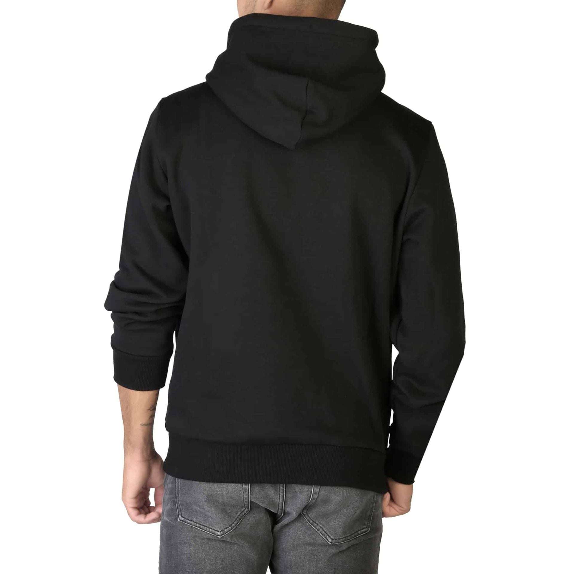 Rückansicht des schwarzen Diesel Herren Sweatshirts mit Kapuze, gefertigt aus 60% Baumwolle und 40% Polyester für optimalen Komfort.