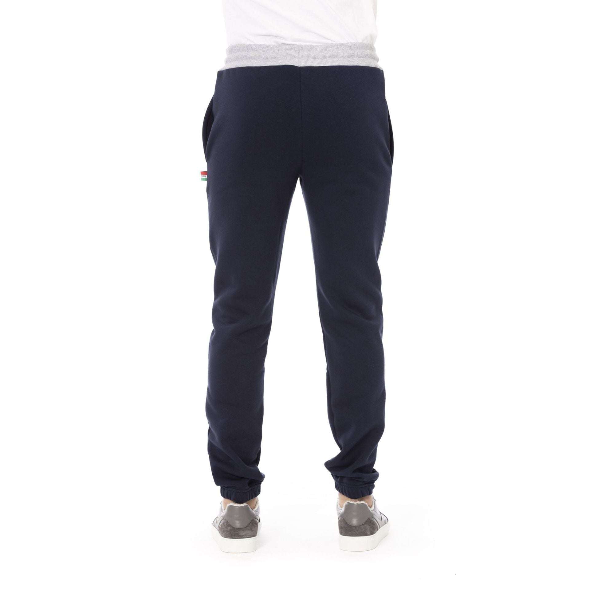 Rückansicht der Baldinini Herren Jogginghose aus Baumwolle in Navy mit grauem Bund und schmaler Passform für sportlich-lässige Looks.